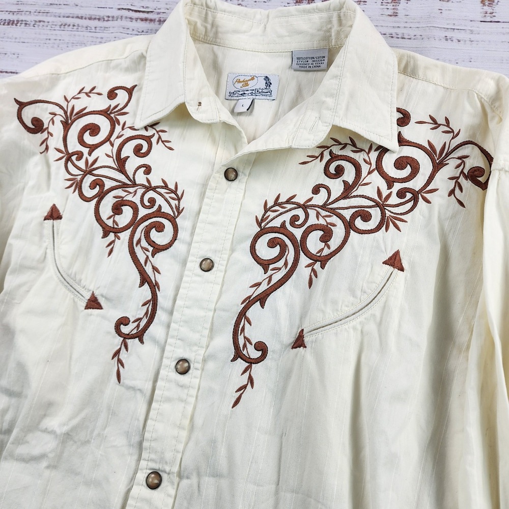 Panhandle Slim Retro Western Shirt Men's L Ivory Embroidered Pearl Snap Cowboy